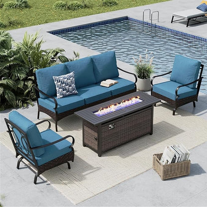 MFSTUDIO 4 Pieces Outdoor Patio Furniture Set, Metal Outdoor Conversation Set, Rattan Wicker Patio Sectional Set with 2 x Rocking Single Sofa, 3-Seat Sofa, 1 x Fire Pit Table, Navy Blue