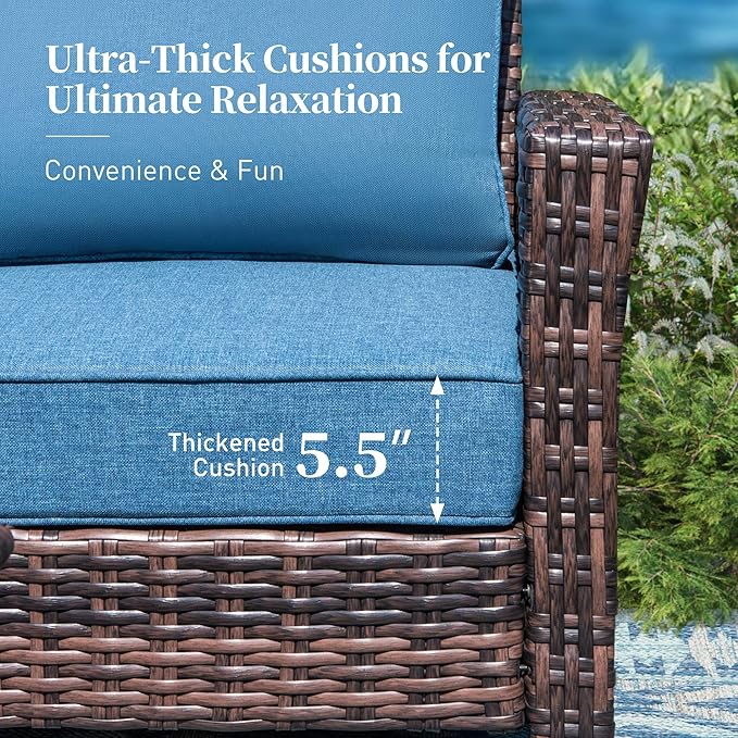 6 Piece Patio Furniture Set with Swivel Chairs, High Back Wicker Rattan Sofa with Extra Thick Cushion, Coffee Table and Ottoman, Outdoor Conversation Set for Backyard Deck, Blue