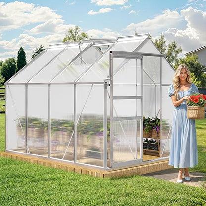 YITAHOME 6x8FT Polycarbonate Greenhouse Heavy Duty Green Houses Outdoor Aluminum Greenhouses with Sliding Doors Vent Window Walk-in Greenhouse Large Sun House for Garden Backyard, Matte Silver