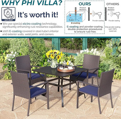 PHI VILLA 5 Piece Patio Dining Table Set for 4, 37" Square Outdoor Metal Table with Umbrella Hole & 4 Rattan Wicker Chair with Cushion for Deck, Yard, Porch