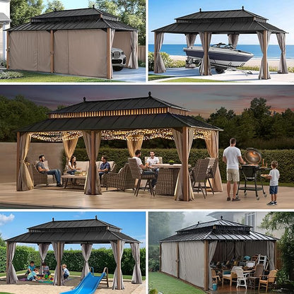 SUNJOY Kingston 20' x 12' Hardtop Gazebo with Galvanized Steel Double Roof, Curtain and Netting, Woodgrain Finish Aluminum Posts Permanent Pavilion Gazebo for Garden, Patio, Deck, Lawn