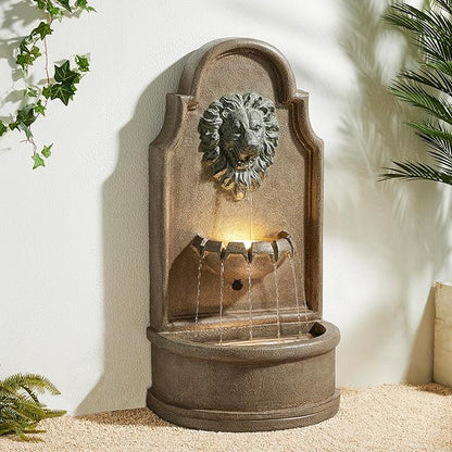 Glitzhome Tiered Wall Mounted Outdoor Water Fountain With LED Light - Vintage European Style 3-Tier Oversized Lion Head Waterfall - Faux Granite for Garden, Patio, Deck, Porch, 31.75"H