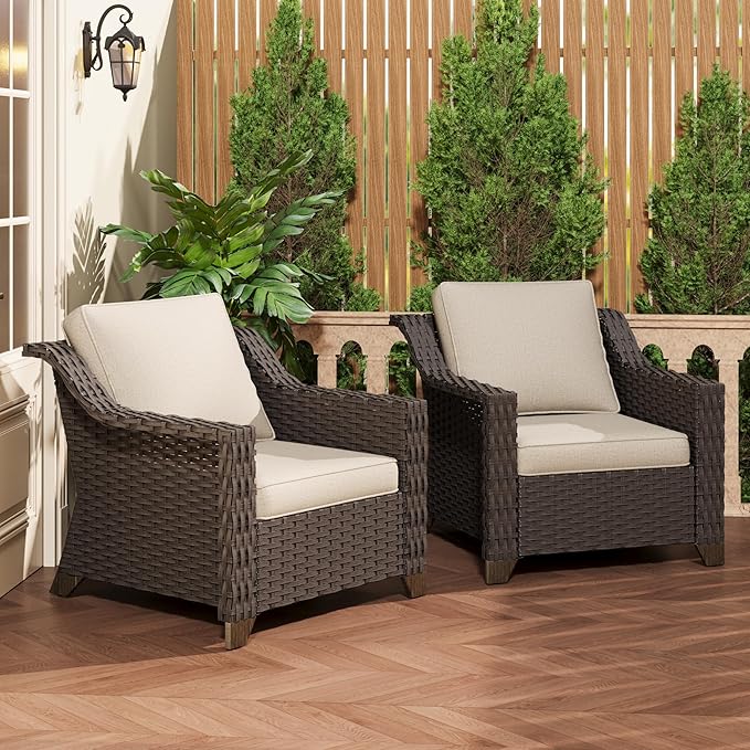 Patio 2 Pieces Wicker Chairs Set of 2, Outdoor PE Rattan Armchairs, Water-Resistant Cushions with Removable and Washable Covers, Porch Balcony, Sunroom (Beige)
