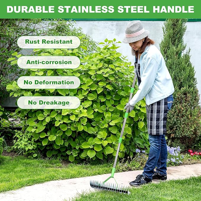 Thatch Rake, 66 Inch Long Dethatching Rake with 12.4 Inch Wide Double Sided Steel Teeth, Heavy Duty Garden Rakes with Efficient Metal Handle for Cleaning Grass, Loosening Lawn Soil