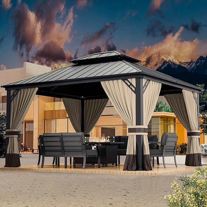 12x14ft Hardtop Gazebo Double Roof, Outdoor Pavilion with 2-Layer Hard top Galvanized Iron Frame Garden Tent, Suitable for courtyards, backyards, Decks, and Grass