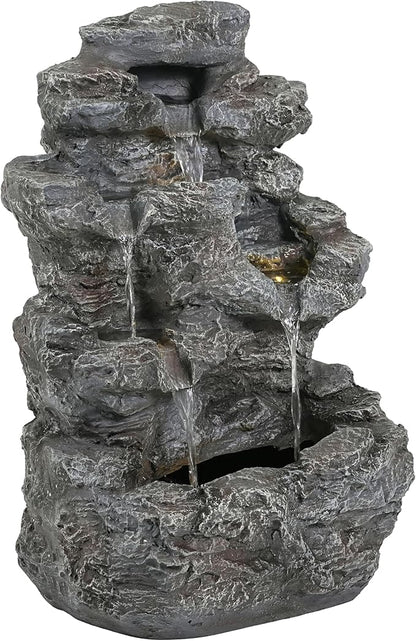 5-Tiered Concrete Tall Slim Fountain, 23.85" H –LED-Lit Column, Space-Saving Modern Outdoor Accent, All-Weather Resistant