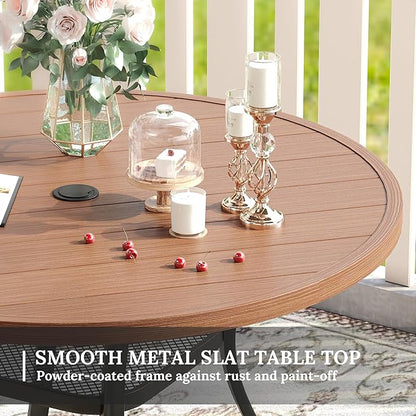 VICLLAX Patio Dining Set for 4, 5 Pieces Outdoor Furniture Includes 40.6" Round Patio Table with Umbrella Hole and 4 Outdoor Swivel Chairs for Lawn Garden, Walnut Tabletop and Mixed Brown Fabric