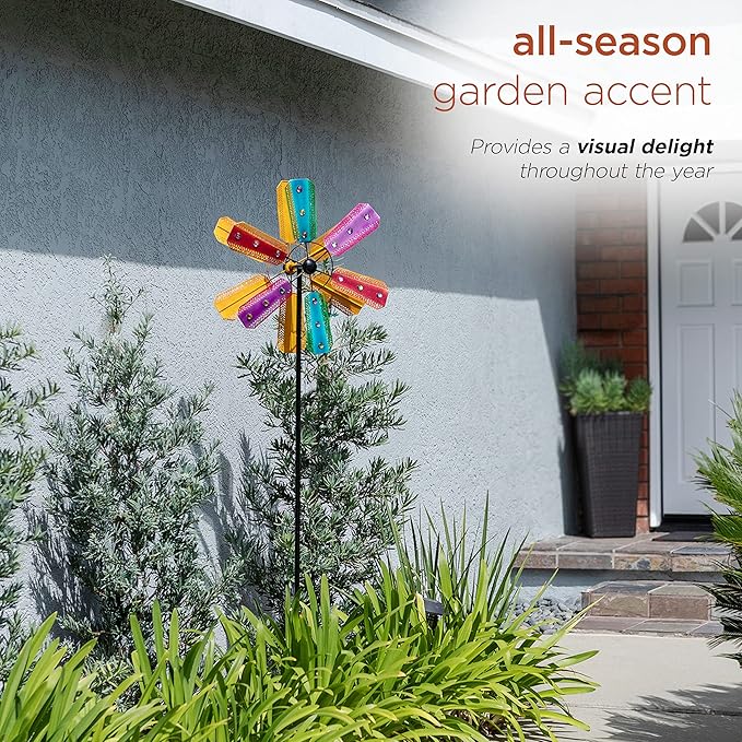 Alpine Corporation 86" Tall Outdoor Colorful Bejeweled Wind Spinner Stake Yard Decoration, Multicolor