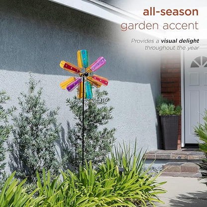 Alpine Corporation 86" Tall Outdoor Colorful Bejeweled Wind Spinner Stake Yard Decoration, Multicolor