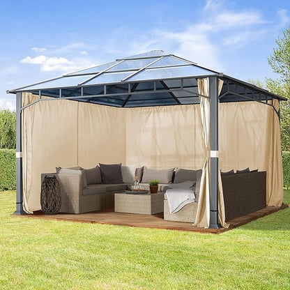 TOOLPORT Hardtop Gazebo 13x13 ft with Aluminum Frame and Approx. 8 mm Polycarbonate Roof - Side Panels in Champagne
