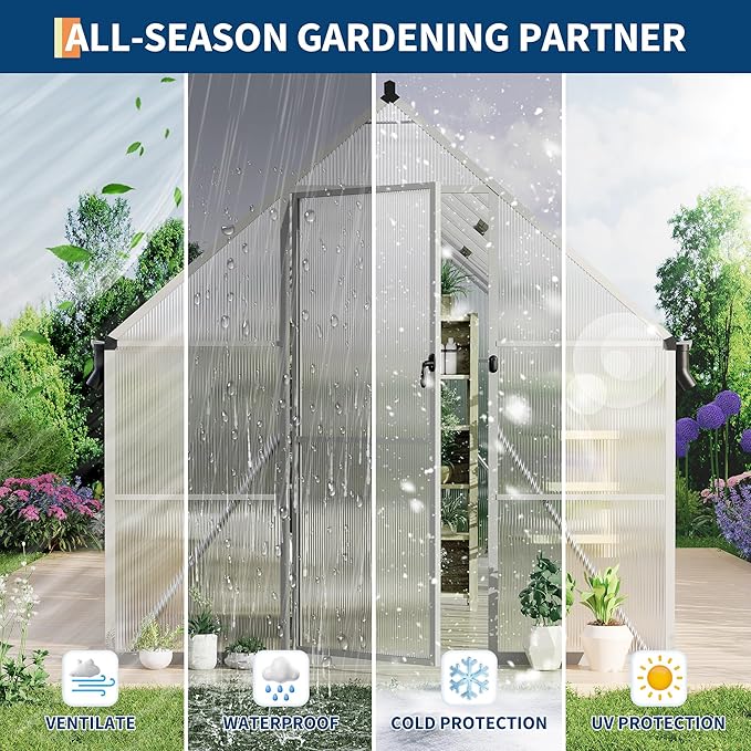 8X16 ft Polycarbonate Greenhouse with Aluminum Frame, Polycarbonate Greenhouse for Outdoors, Greenhouses with Ventilation and Rain Gutter, Aluminum Large Walk-in Greenhouses for Outside