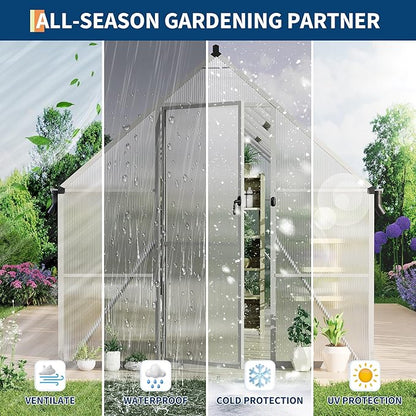 8X16 ft Polycarbonate Greenhouse with Aluminum Frame, Polycarbonate Greenhouse for Outdoors, Greenhouses with Ventilation and Rain Gutter, Aluminum Large Walk-in Greenhouses for Outside