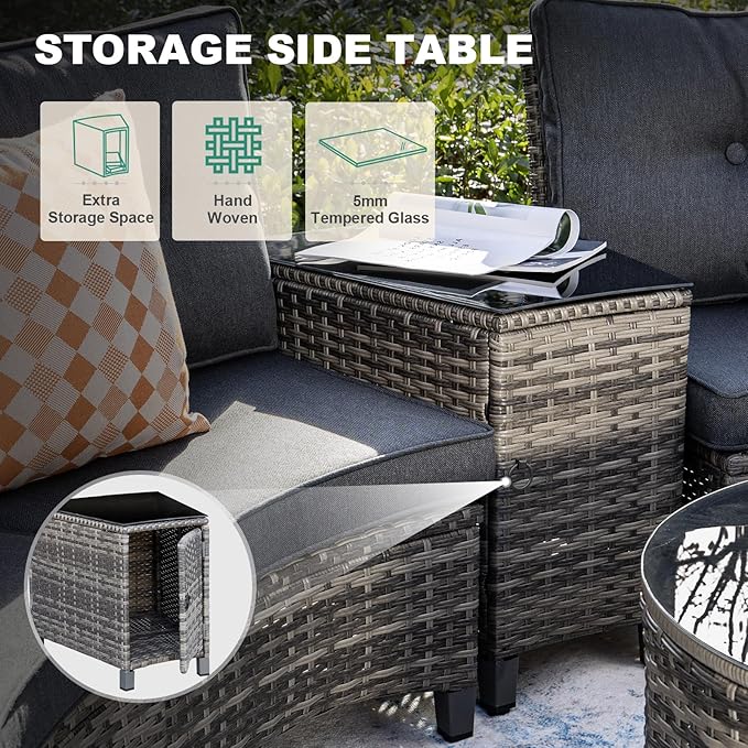MEISSALIVVE 8 Piece Outdoor Patio Furniture Set, Half-Moon Curved Sectional Set with Wood Armrests, Patio Conversation Set, 2 Half-Moon Ottomans，Coffee & Side Tables (Grey)