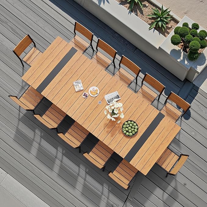 Pellebant 13 Piece Patio Table and Chairs Set for 12, Aluminum Outdoor Dining Set with Umbrella Hole, Stackable Dining Chairs & 114" Dining Table, Brown