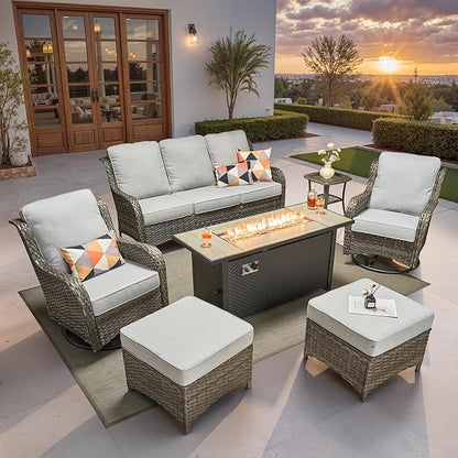 ovios 7 Pieces Patio Furniture Set, Outdoor Wicker Sofa Couch with Swivel Chairs 54" Fire Pit Table, High Back All Weather Modern Conversation Sets, Grey Rattan, Grey