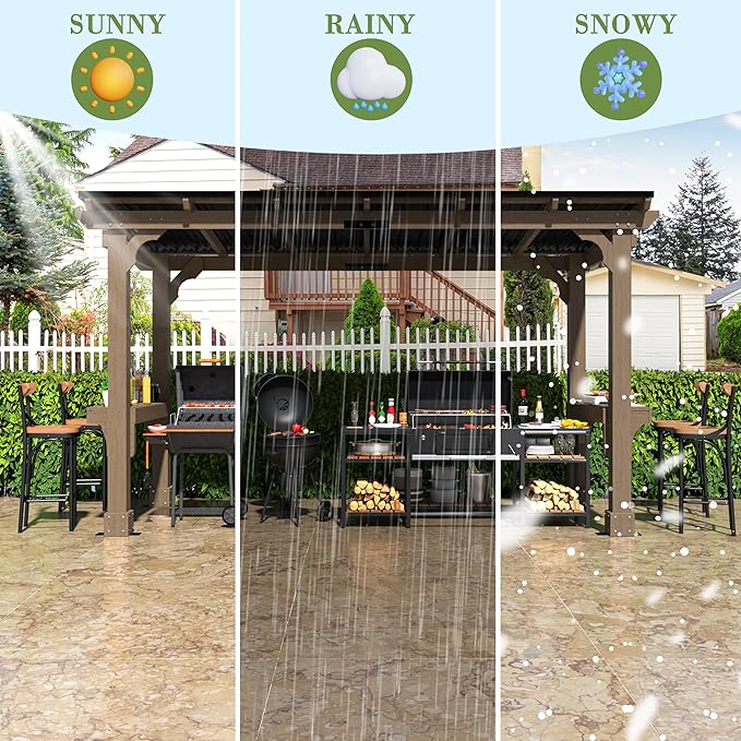 6 x 13 FT Wooden Grill Gazebo with Sloping Metal Roof, BBQ Canopy with Stakes for Outdoor Patio, Garden, Lawn, Light Mocha Brown