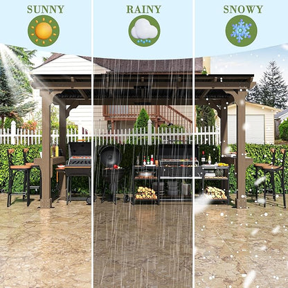 6 x 13 FT Wooden Grill Gazebo with Sloping Metal Roof, BBQ Canopy with Stakes for Outdoor Patio, Garden, Lawn, Light Mocha Brown