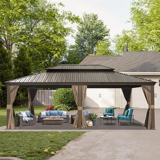 Domi 14' X 24' Hardtop Gazebo Large Outdoor Metal Gazebo Canopy with Galvanized Steel Double Roof, Aluminum Frame, Curtains and Netting for Patio, Deck, Garden, Brown