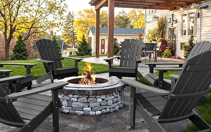 YEFU Adirondack Chair Plastic Weather Resistant, Patio Chairs 5 Steps Easy Installation, Looks Exactly Like Real Wood, Widely Used in Outdoor, Fire Pit, Outside, Garden, Campfire Chairs (Dark Grey)