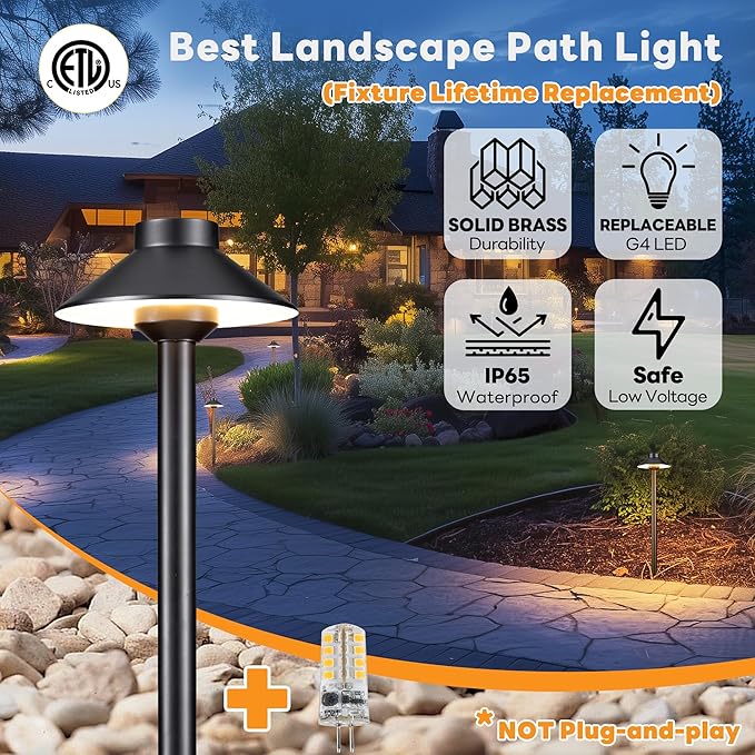 Gardenreet Low Voltage Landscape Sidewalk Lighting, Solid Brass Pathlights, LED Driveway Warm Light Waterproof, Hat Shaped 12V Wired Black for Walkway Garden with 3W 270LM 3000K G4 Bulb (12 Pack)
