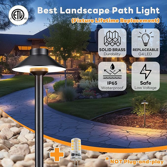Gardenreet Solid Cast Brass Pathway Lights, 12v Landscape Path Light Outdoor Waterproof, Electric Walkway Lights Wired, Hat Shape Black Garden Area with 3W 270LM 5000K Daylight G4 Bulb (6 Pack)