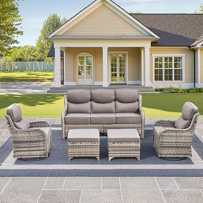 Luxury High Back Outdoor Furniture with 6-Inch Thick Cushions, Patio Furniture Set with Swivel Chairs, 5 PCS Wicker Conversation Set for Porch, Balcony, Deck and Yard
