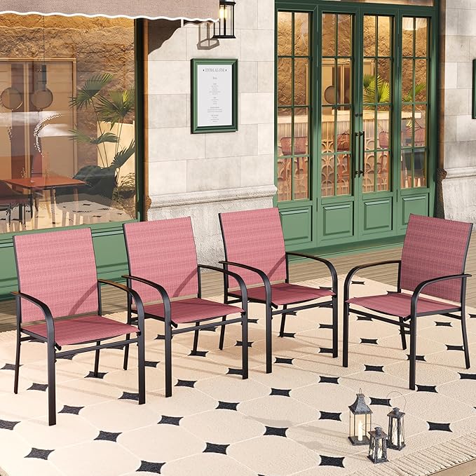 HERA'S HOUSE Outdoor Dining Chairs Set of 6, Patio Lawn 36" Textilene Fabric Chair with Wrought Iron Metal Frame Support 350lbs for Garden Backyard Lawn Kitchen, Red
