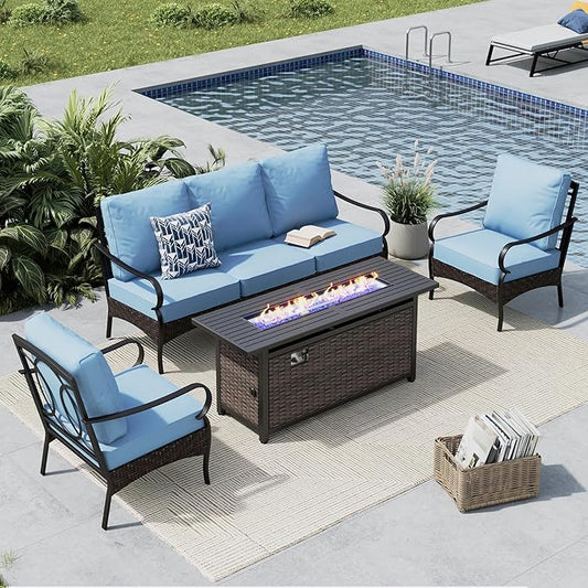 MFSTUDIO 4 Pieces Outdoor Patio Furniture Set, Metal Outdoor Conversation Set, Rattan Wicker Patio Sectional Set with 2 x Fixed Single Sofa, 3-Seat Sofa, 1 x Fire Pit Table, Blue