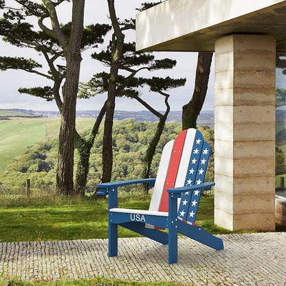 LUE BONA HDPS Adirondack Chairs Set of 6, Fire Pit Outdoor Chair Weather Resistant with Cup Holder, Modern Plastic Chair Plastic for Patio, Deck, Proch, 350LBS, Flag Blue