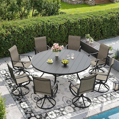 DIFY 9 Pieces Outdoor Patio Dining Set, 8 Brown Textilene Swivel Dining Chairs and 60" Black Round Metal Dining Table, Outdoor Table and Chairs