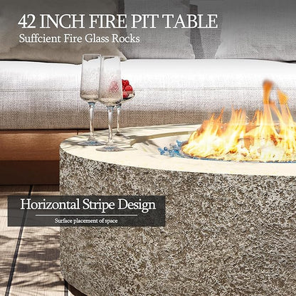 UPHA 42-inch Outdoor Propane Gas Fire Pit Table 50000 BTU Concrete Round FirePit for Outside Patio with Propane Tank Cover, Blue Glass Rocks, Rain Cover, Beige Texture
