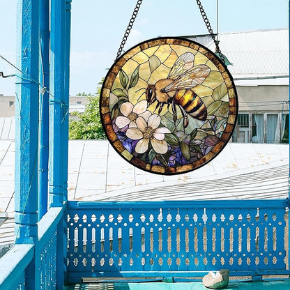 Stained Glass Window Hanging, Vintage Bee Yellow Flower Sun Catcher for Window Door Home Decor Suncatcher Christmas Mother's Day Birthday Gifts for Women Men Mom and Nana 7.8 in