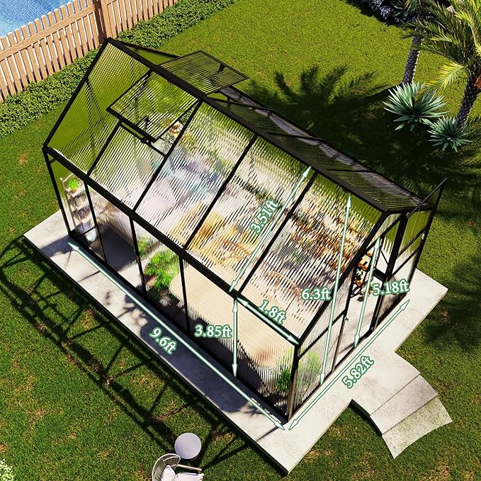 Amerlife 6x10x6.3 FT Outdoor Polycarbonate Greenhouse, Walk-in Aluminum Frame Structure with Dual Windows & Swing Door, Heavy-Duty Garden Building in Black