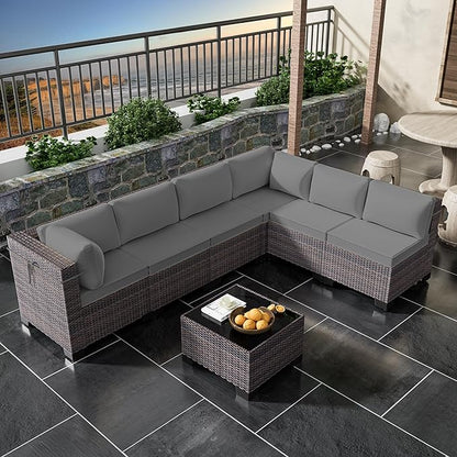 Outdoor Patio Furniture Set, 7 Pcs Outdoor Furniture All Weather Patio Sectional Sofa PE Wicker Modular Conversation Sets with Coffee Table,6 Chairs & Seat Clips Grey