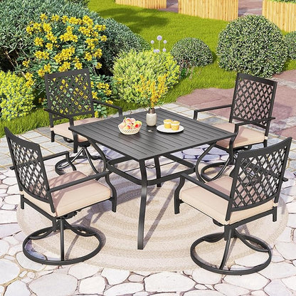 PHI VILLA 5-Piece Outdoor Dining Set, 4 Steel Metal Swivel Patio Chairs & 1 Square Dining Table, Black