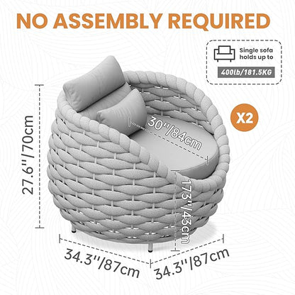 2 PCS Patio Deck Accent Chair: Large Woven Rope Chair Cushioned - Aluminum Modern Single Lounge Armchair Assembled - All Weather Outdoor Seating for 400lbs Lanai Balcony Porch Garden Hotel, Gray