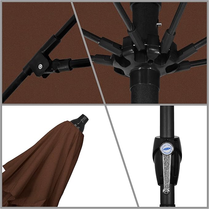 California Umbrella 9' Round Sunbrella Aluminum Outdoor Deck, Pool or Patio Umbrella, Crank Lift, Auto Tilt, Bronze Pole, Bay Brown
