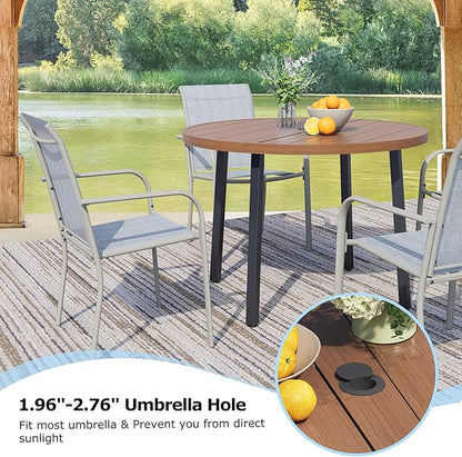 5 Pieces Round Dining Table Set for 4, Patio Dining Set Includes 4 Beige Blue Stackable Patio Chairs and 1 Walnut Round Table, Patio Furniture Sets with Sling Support for Outside, Garden