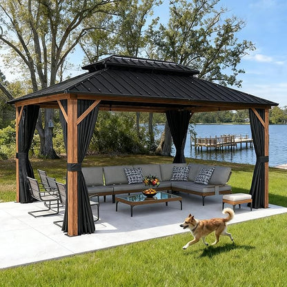 PURPLE LEAF 10' X 14' Hardtop Gazebo Outdoor Wood Grain Aluminum Frame Galvanized Steel Double Roof Gazebos with Netting and Curtains for Patio Deck Backyard Garden