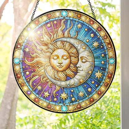 FLAGWIX Christmas Spiritual Gifts for Women Men - Stained Glass Window Hanging 8 in for Sun and Moon Decor - Sun Catchers Indoor Window, Boho Suncatchers for Celestial Decor, Christmas Decorations