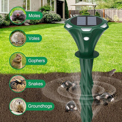 Mole Repellent Solar Powered Ultrasonic Solar Mole Deterrent Stakes for Lawn, Gophers Groundhog Snake Voles Rat Repellent for Yard Outdoor, Auto LED Lights at Night (Pack of 4)