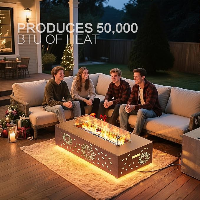 42" Outdoor Fire Pit Table, 50,000 BTU Gas Fire Pit with Glass Wind Guard, Fire Stones, Waterproof Cover, Propane Fire Pit Table for Outside Patio, Hollow-Out (Sunflower, Brown)