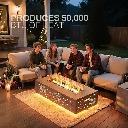 42" Outdoor Fire Pit Table, 50,000 BTU Gas Fire Pit with Glass Wind Guard, Fire Stones, Waterproof Cover, Propane Fire Pit Table for Outside Patio, Hollow-Out (Sunflower, Brown)