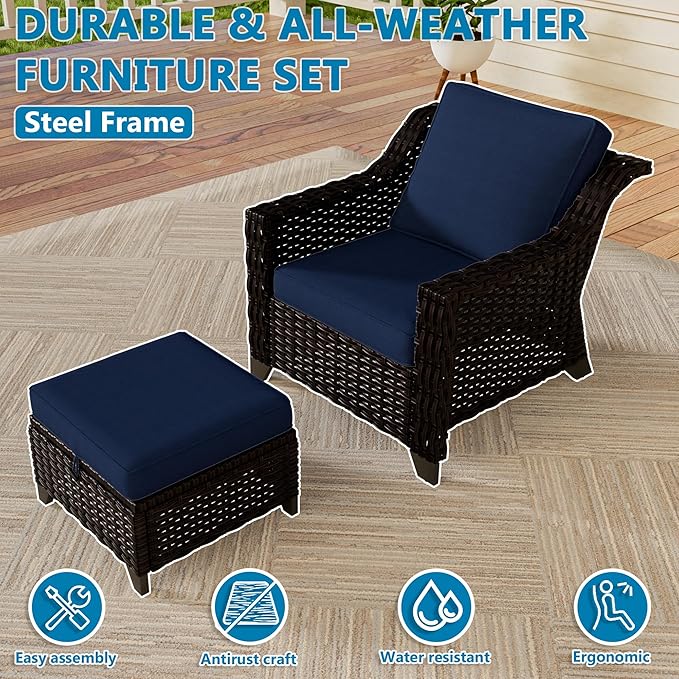 Vista Vibe 4 Pieces Outdoor Patio Conversation Furniture Set - 2 Luxurious Armchairs | 2 Wicker Ottomans, Removable Cushions, Hand-Woven PE Rattan, Office, Porch (Brown/Navy)