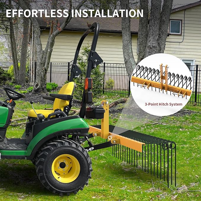 YITAMOTOR 60" Durable Powder Coated Steel Pine Straw Rake Steel Spring Landscape Rake Attaches to Cat-0 Cat-1,3 Point Hitch for Tractor, Yellow