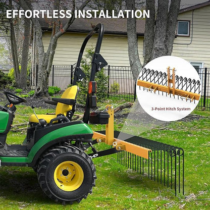 YITAMOTOR 60" Durable Powder Coated Steel Pine Straw Rake Steel Spring Landscape Rake Attaches to Cat-0 Cat-1,3 Point Hitch for Tractor, Yellow