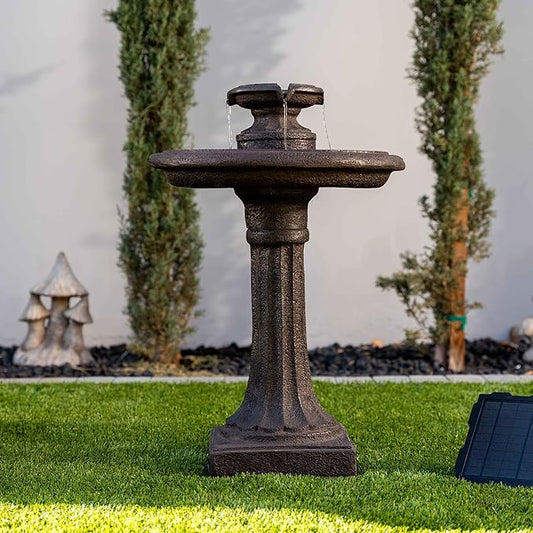 XBrand 28" Solar-Powered Outdoor Birdbath Fountain – Large Brown Resin Water Fountain with Solar Panel for Lawn and Garden Decor