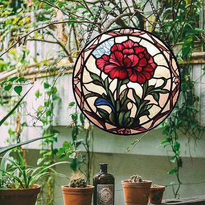 Stained Glass Window Hanging - Red Carnation Birth Flower Sun Catcher for Door Garden Home Decor Suncatcher Christmas Mother's Day Birthday Gifts for Women Men Mom Nana Friend Wife 11.8 in