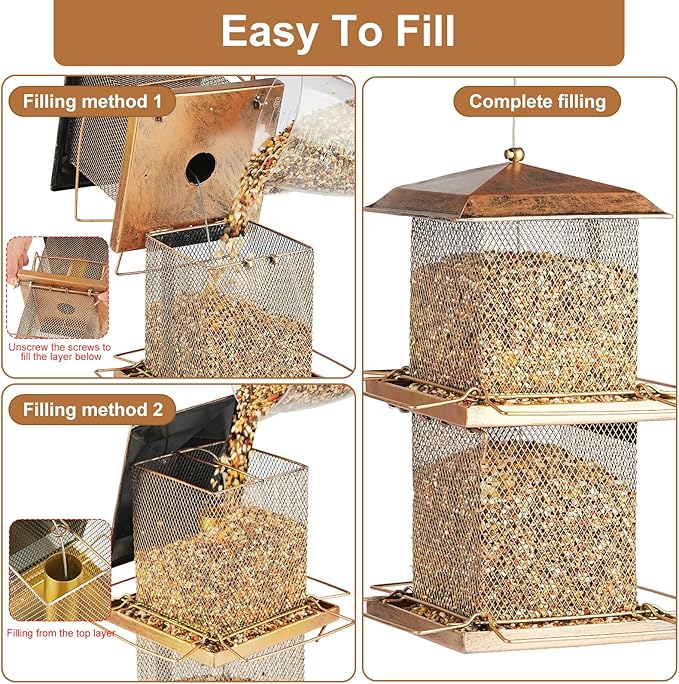 Large Bird Feeder, Double Tier Metal Bird Feeders for Outdoors, Square Tower Birdfeeder for Decorating Courtyard, Garden, Birds Watching, Gifts
