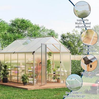 6 x 10 ft Greenhouse, Greenhouses for Outside, Polycarbonate Greenhouse with Aluminum Frame, Lockable Door and Ajustable Roof Vent for Backyard, Green Houses for Outside Garden Backyard, Patio